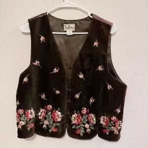 Vintage Brown Floral Embroidered Cottagecore West Boho Whimseygoth Vest Sz L